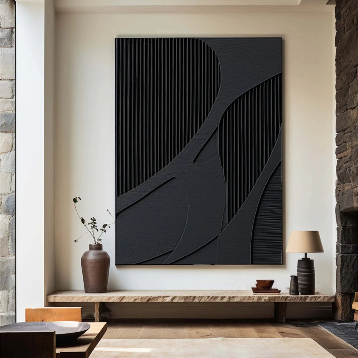Black Minimalist Plaster Art with Textured Finish