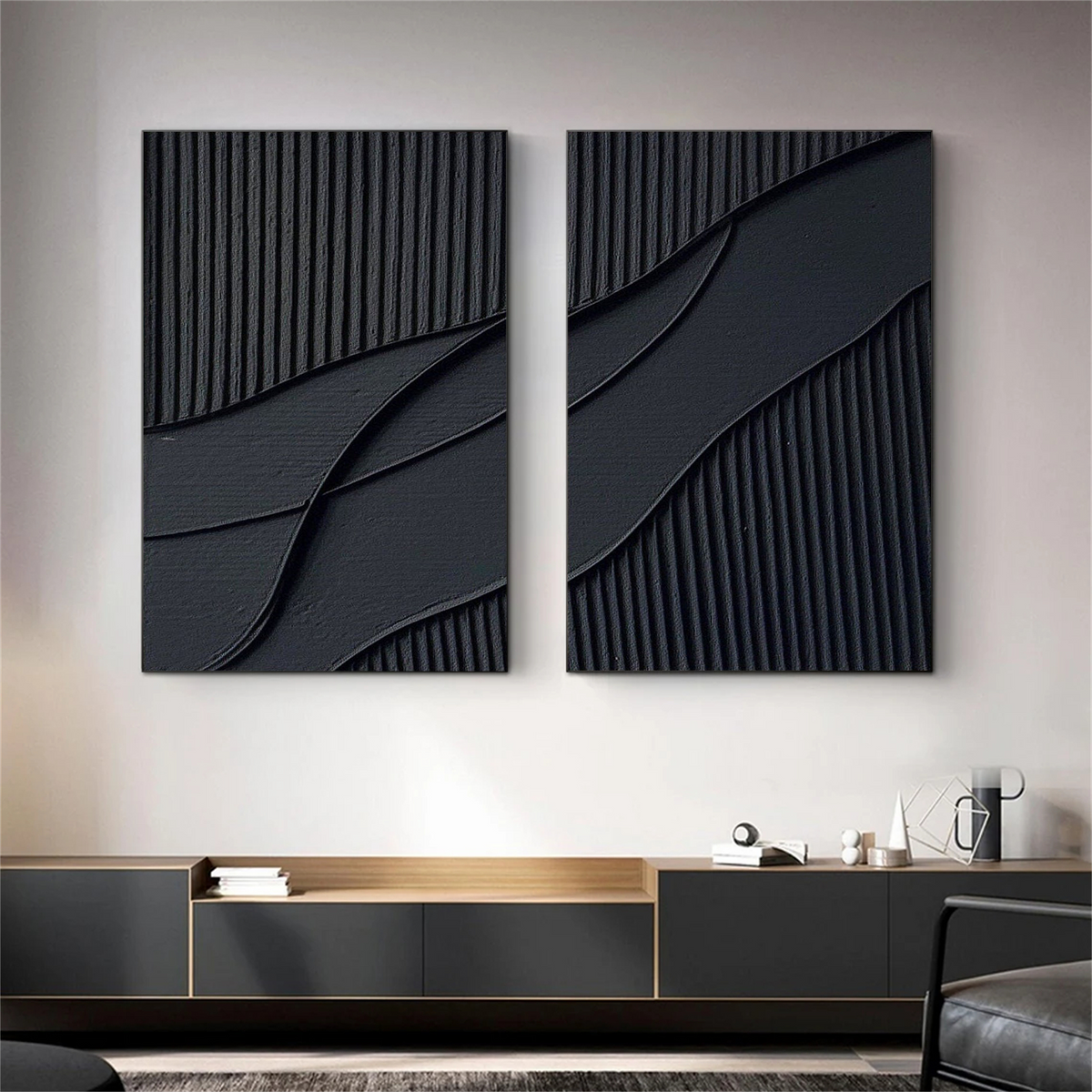 Set of 2 Black Minimalist Plaster Textured Artworks