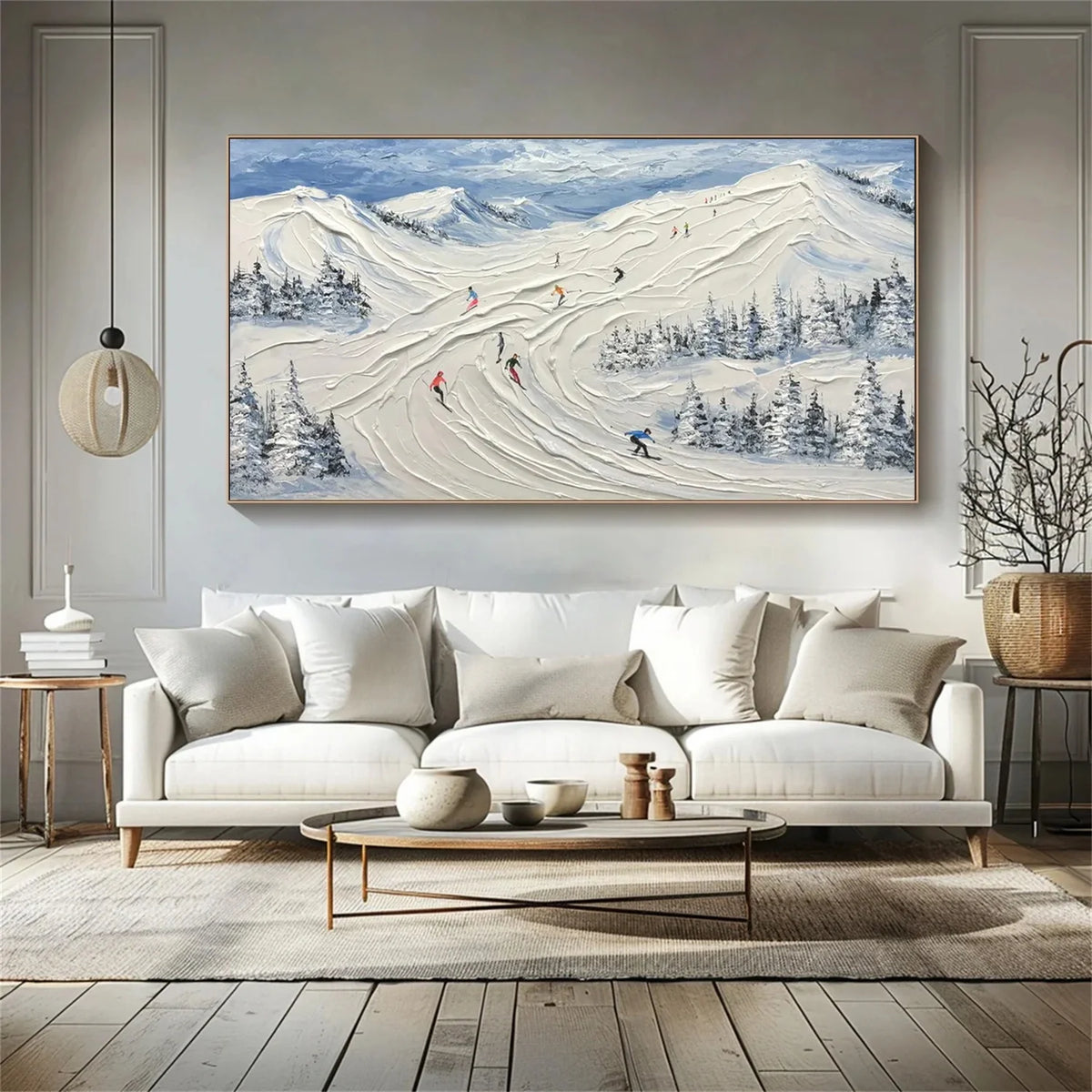 Textured Canvas Painting of Skiing Adventure Scene