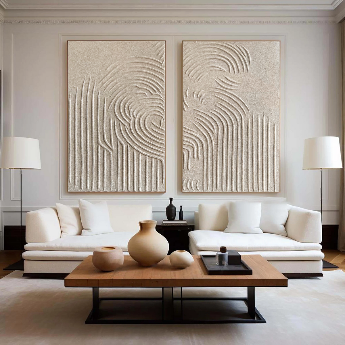 Set of 2 Abstract Textured Paintings in Beige and Brown Tones