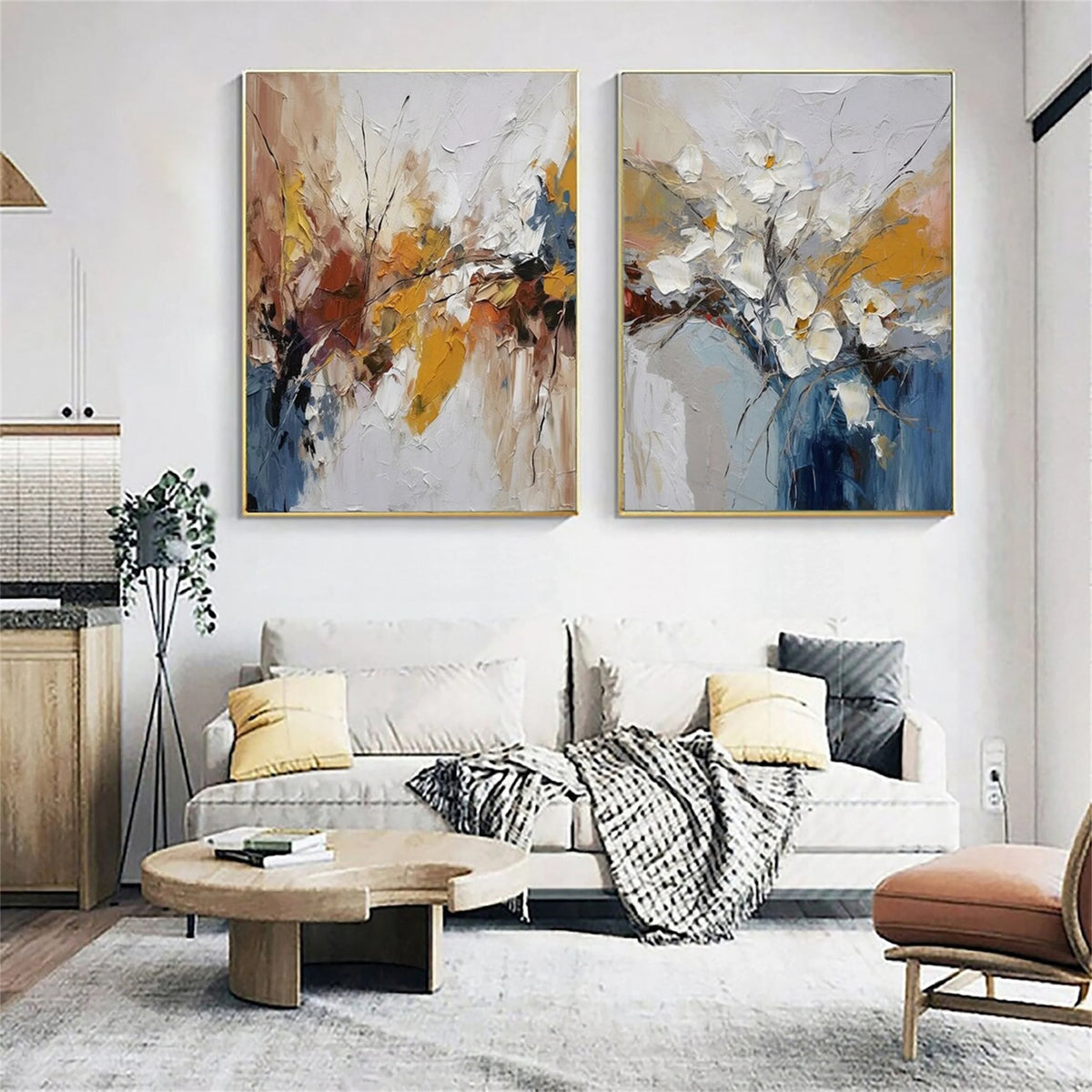 Pair of Botanical Flower and Tree Canvas Paintings