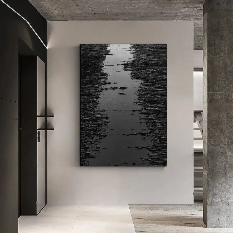 Deep Black Minimalist Textured Canvas Artwork