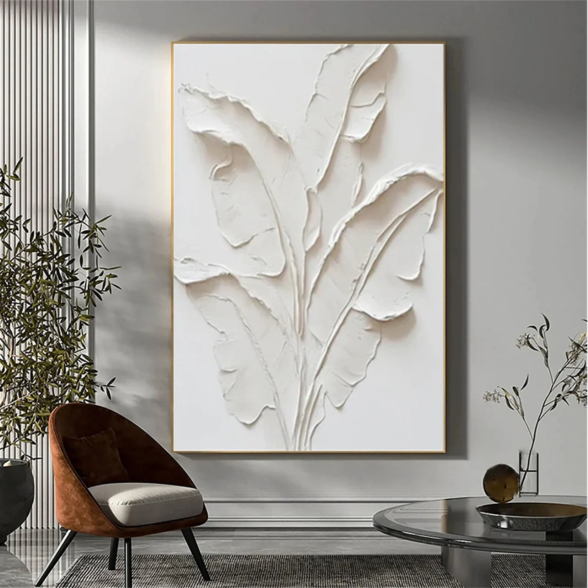 Beige Floral and Tree Textured Abstract Canvas Painting