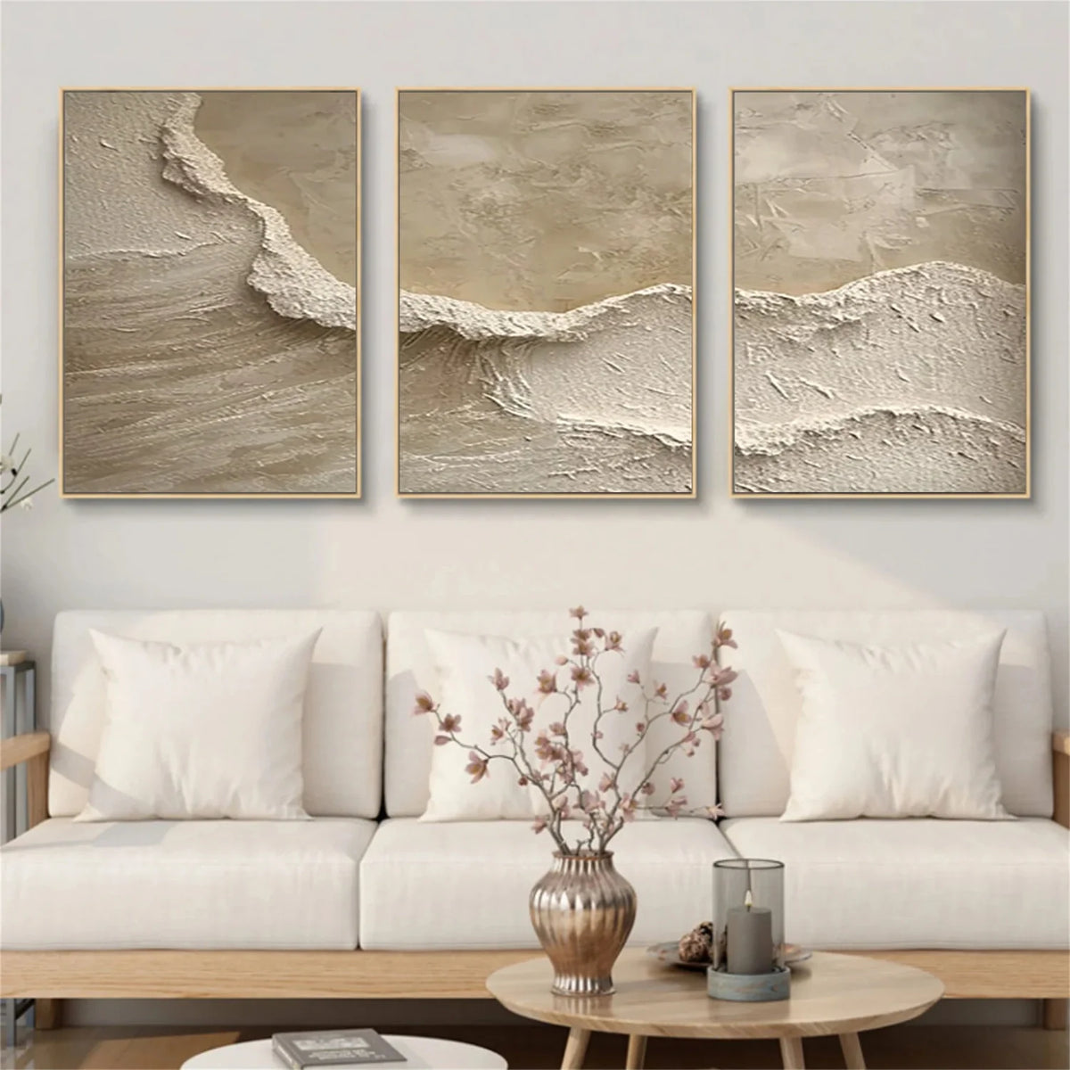Set of 3 Abstract Paintings in Beige and Brown Tones