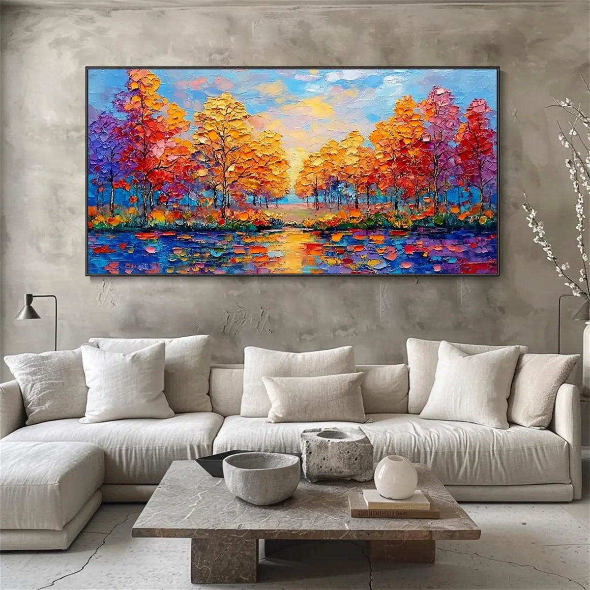 Colourful Floral and Tree-Themed Canvas Painting