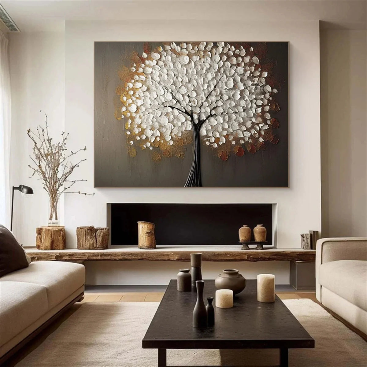 Vibrant Botanical Flower and Tree Canvas Painting