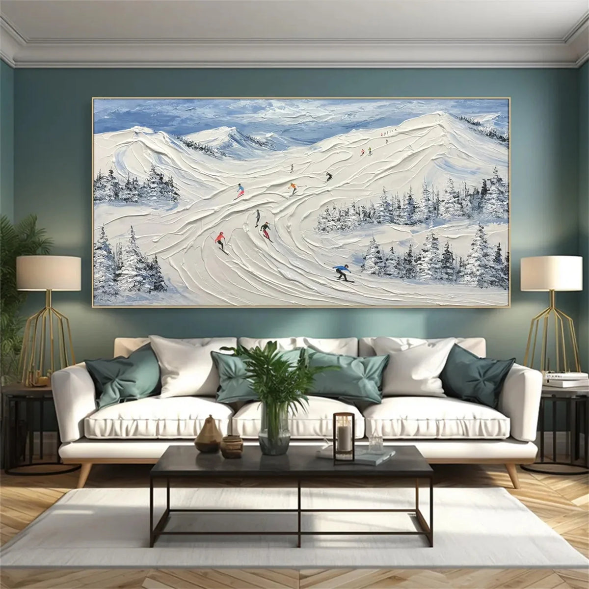 Textured Canvas Painting of Skiing Adventure Scene
