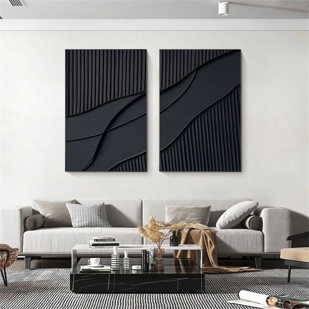 Set of 2 Black Minimalist Plaster Textured Artworks