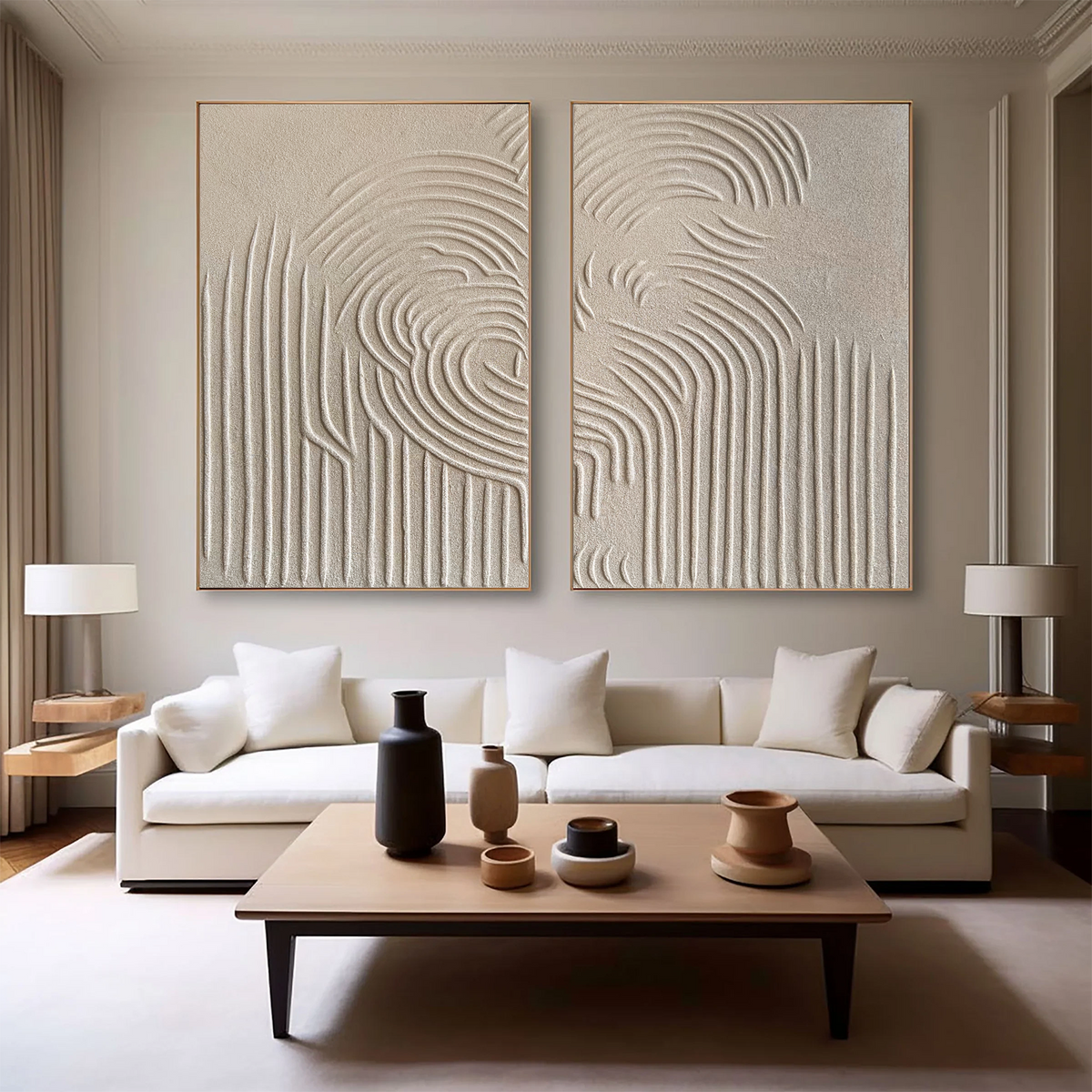 Set of 2 Abstract Textured Paintings in Beige and Brown Tones