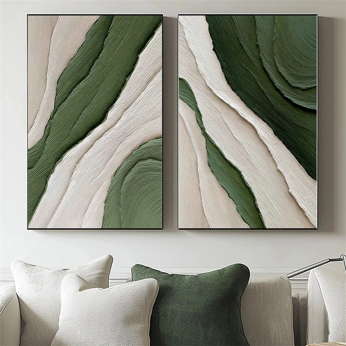 Set of 2 Abstract Paintings in Blue and Green Tones