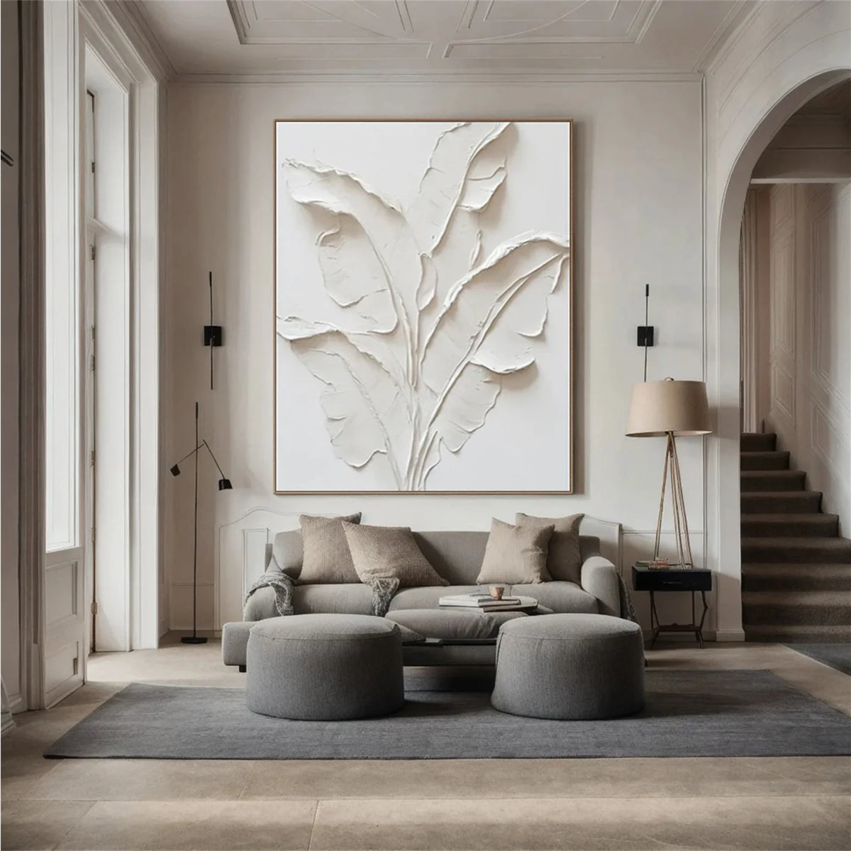 Beige Floral and Tree Textured Abstract Canvas Painting