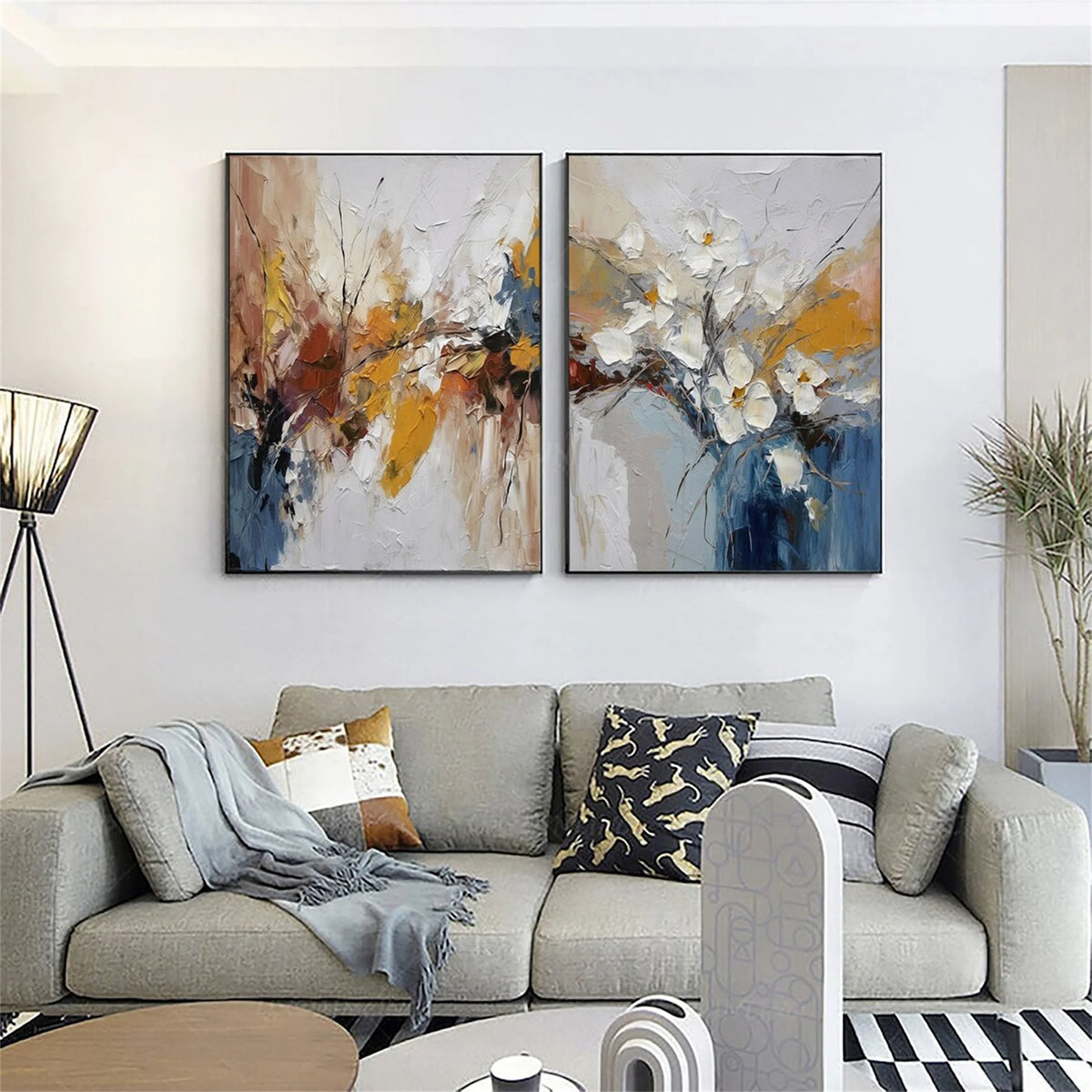 Pair of Botanical Flower and Tree Canvas Paintings