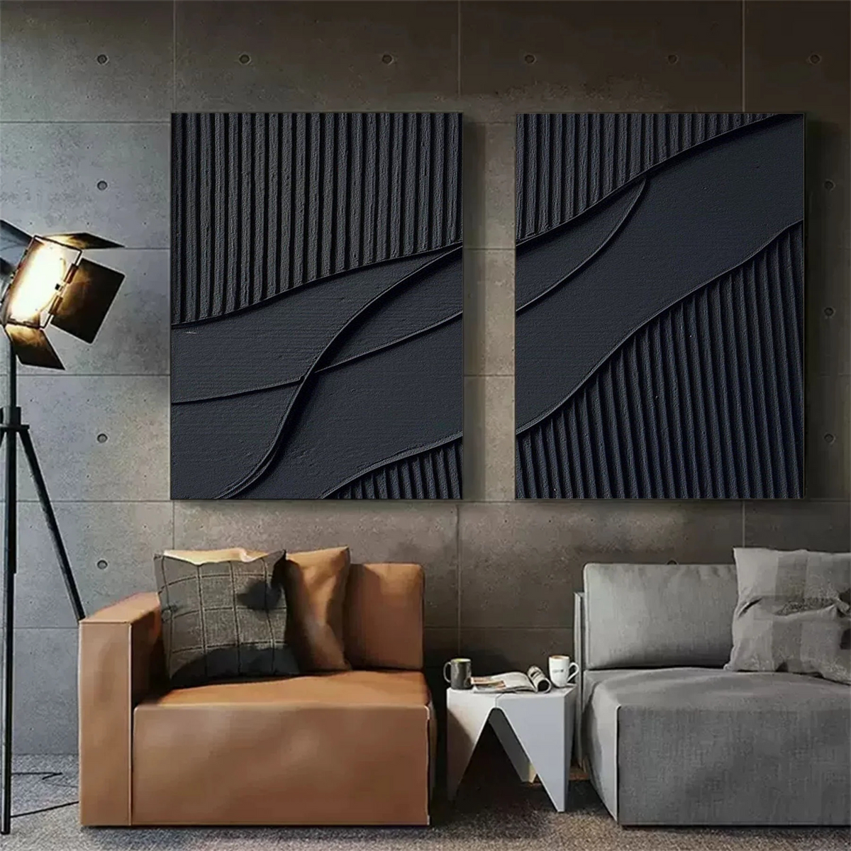 Set of 2 Black Minimalist Plaster Textured Artworks