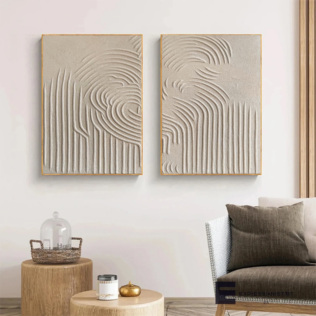 Set of 2 Abstract Textured Paintings in Beige and Brown Tones
