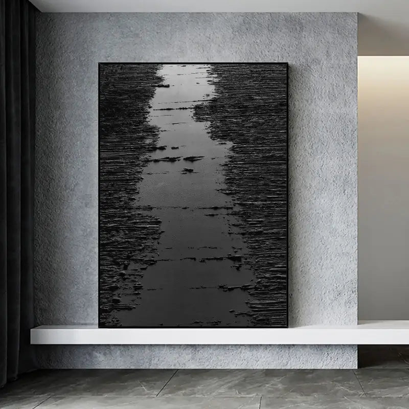 Deep Black Minimalist Textured Canvas Artwork