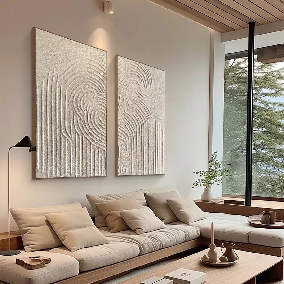 Set of 2 Abstract Textured Paintings in Beige and Brown Tones