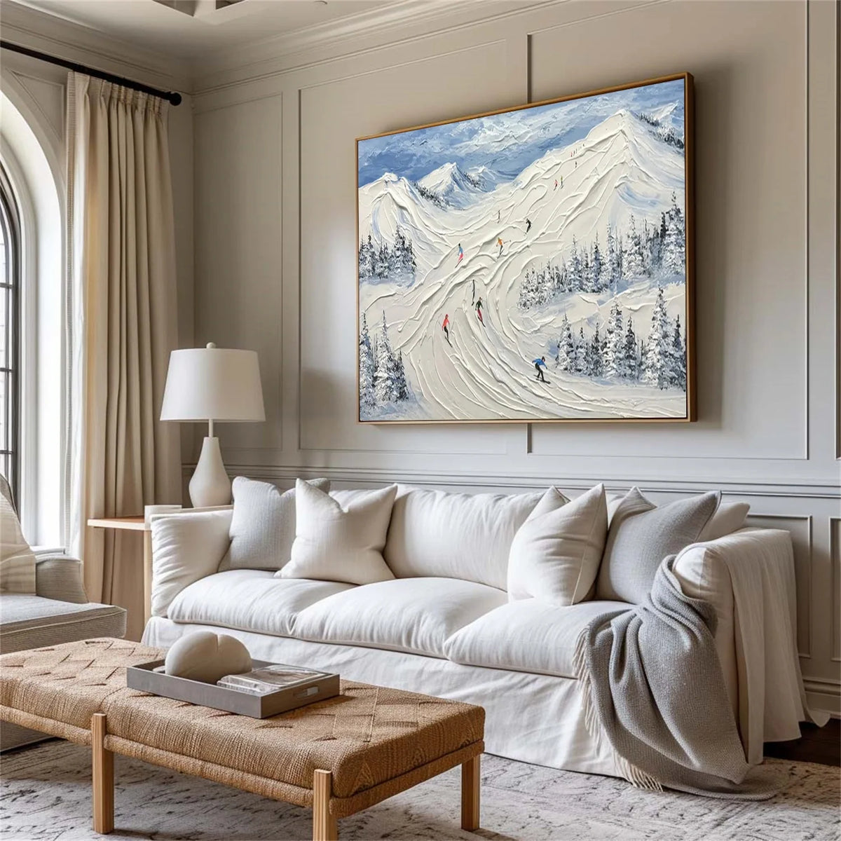 Textured Canvas Painting of Skiing Adventure Scene