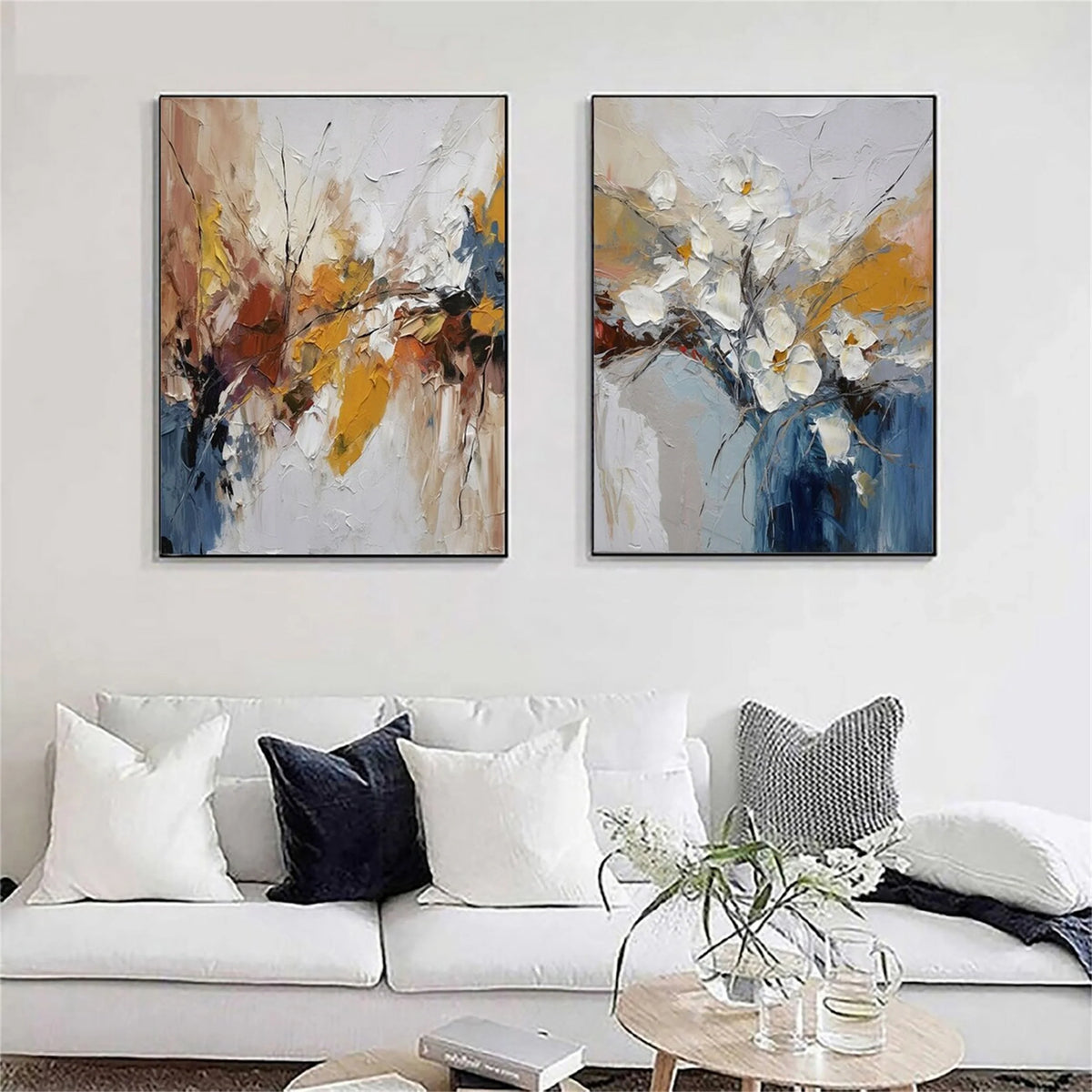 Pair of Botanical Flower and Tree Canvas Paintings
