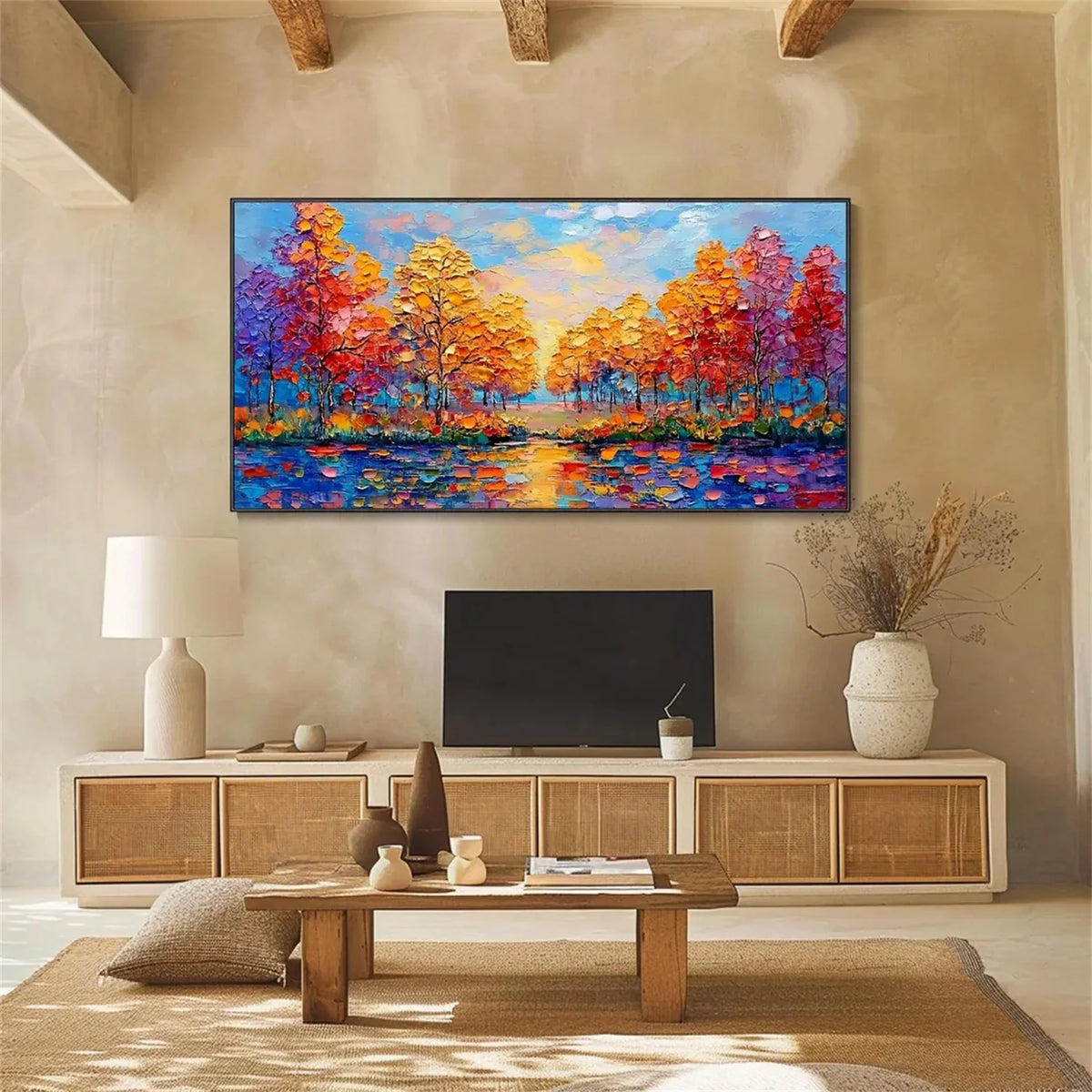 Colourful Floral and Tree-Themed Canvas Painting