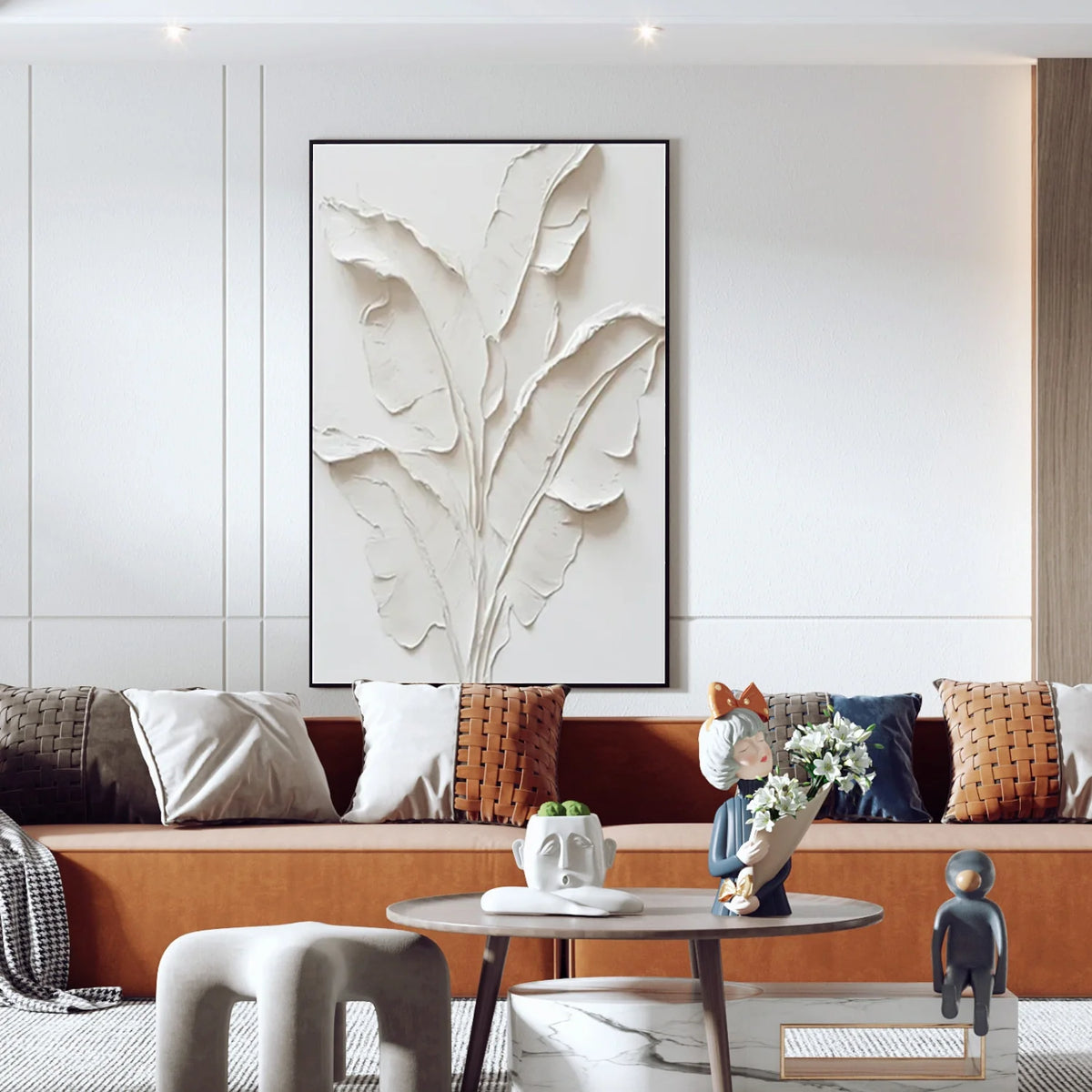 Beige Floral and Tree Textured Abstract Canvas Painting