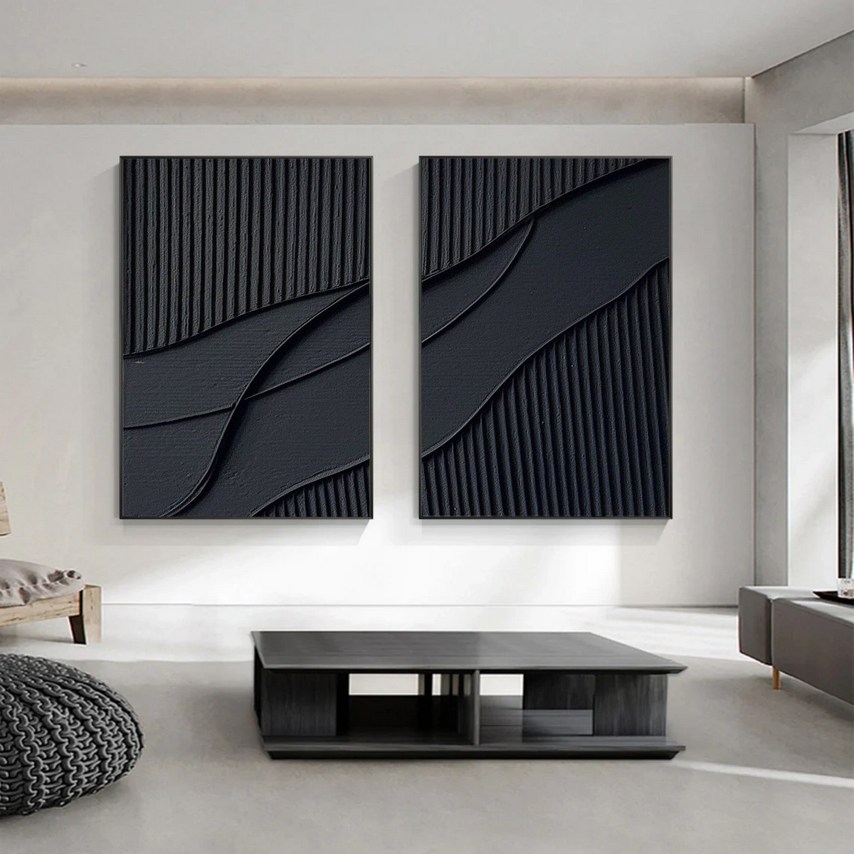 Set of 2 Black Minimalist Plaster Textured Artworks