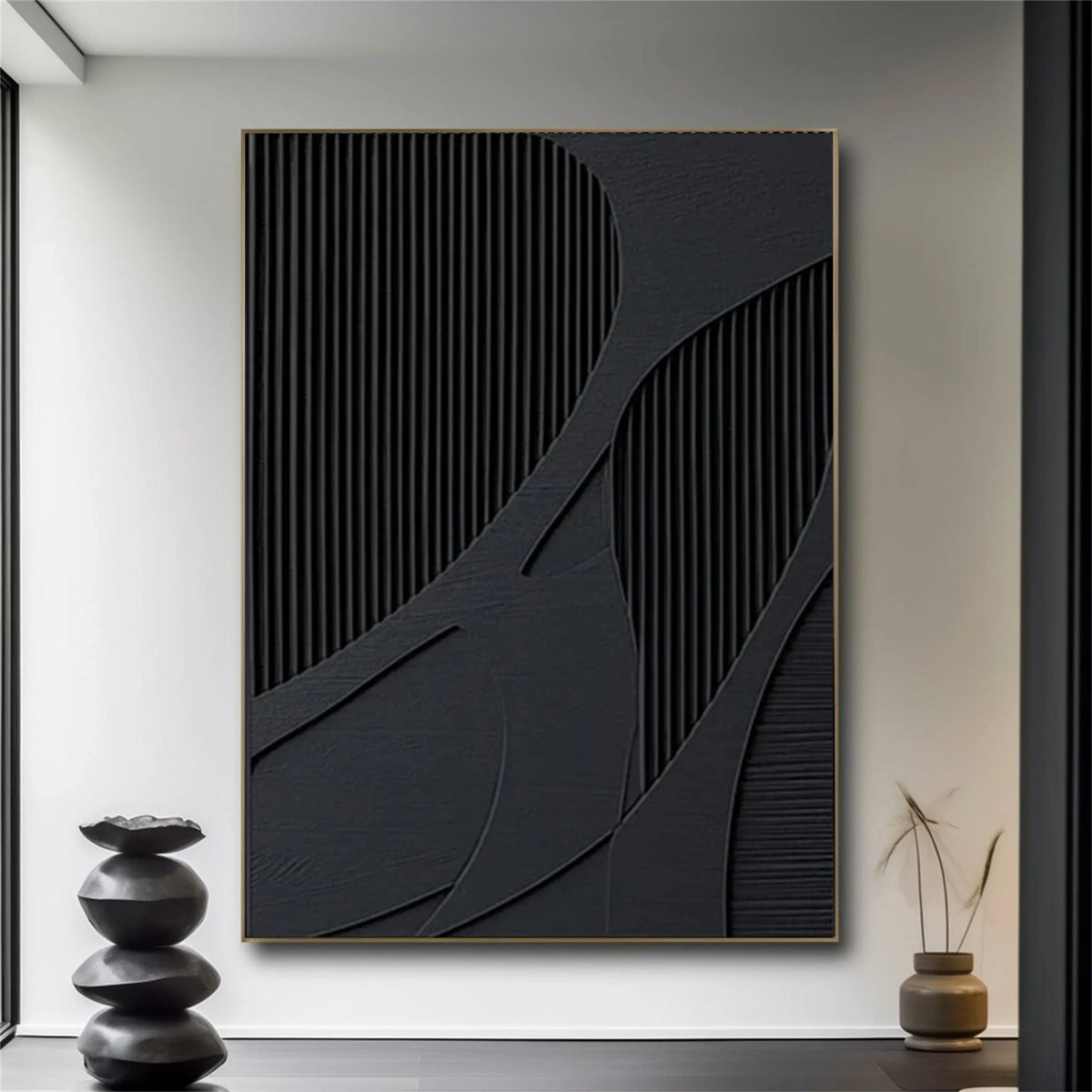 Black Minimalist Plaster Art with Textured Finish