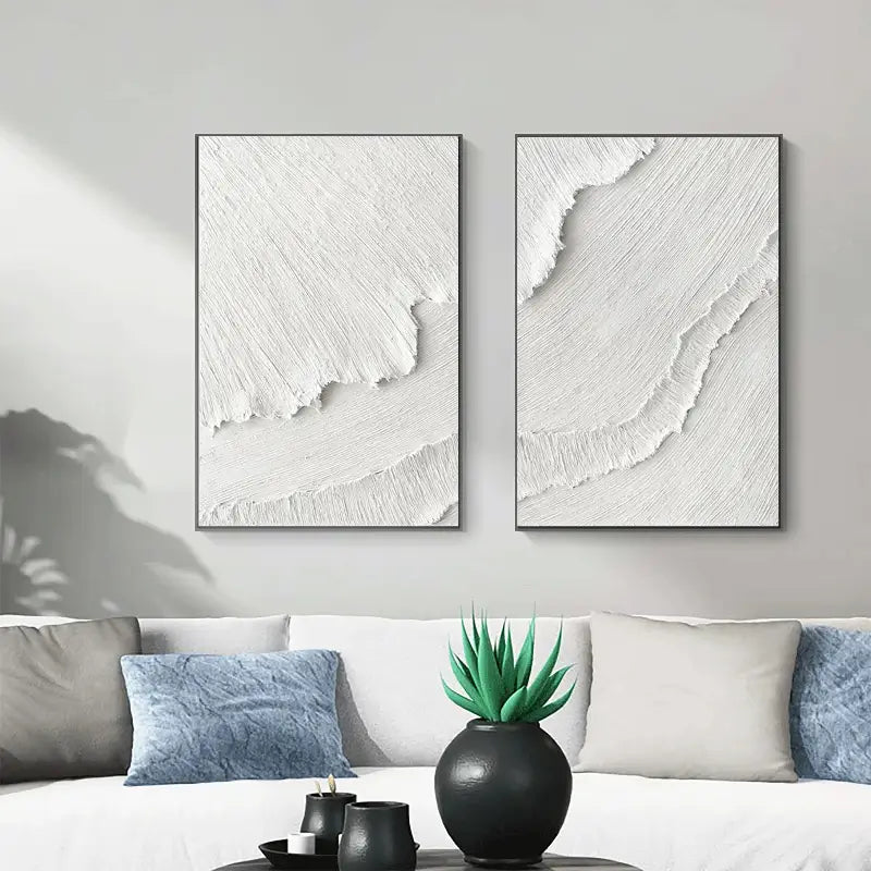 Set of 2 White Minimalist Textured Canvas Paintings