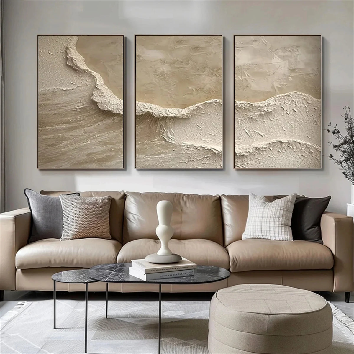 Set of 3 Abstract Paintings in Beige and Brown Tones