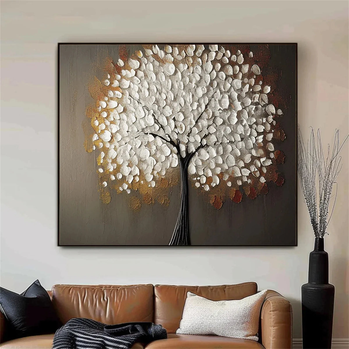 Vibrant Botanical Flower and Tree Canvas Painting