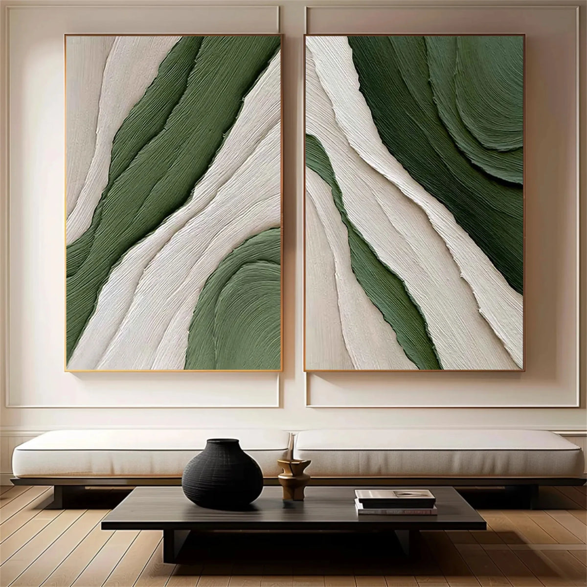 Set of 2 Abstract Paintings in Blue and Green Tones