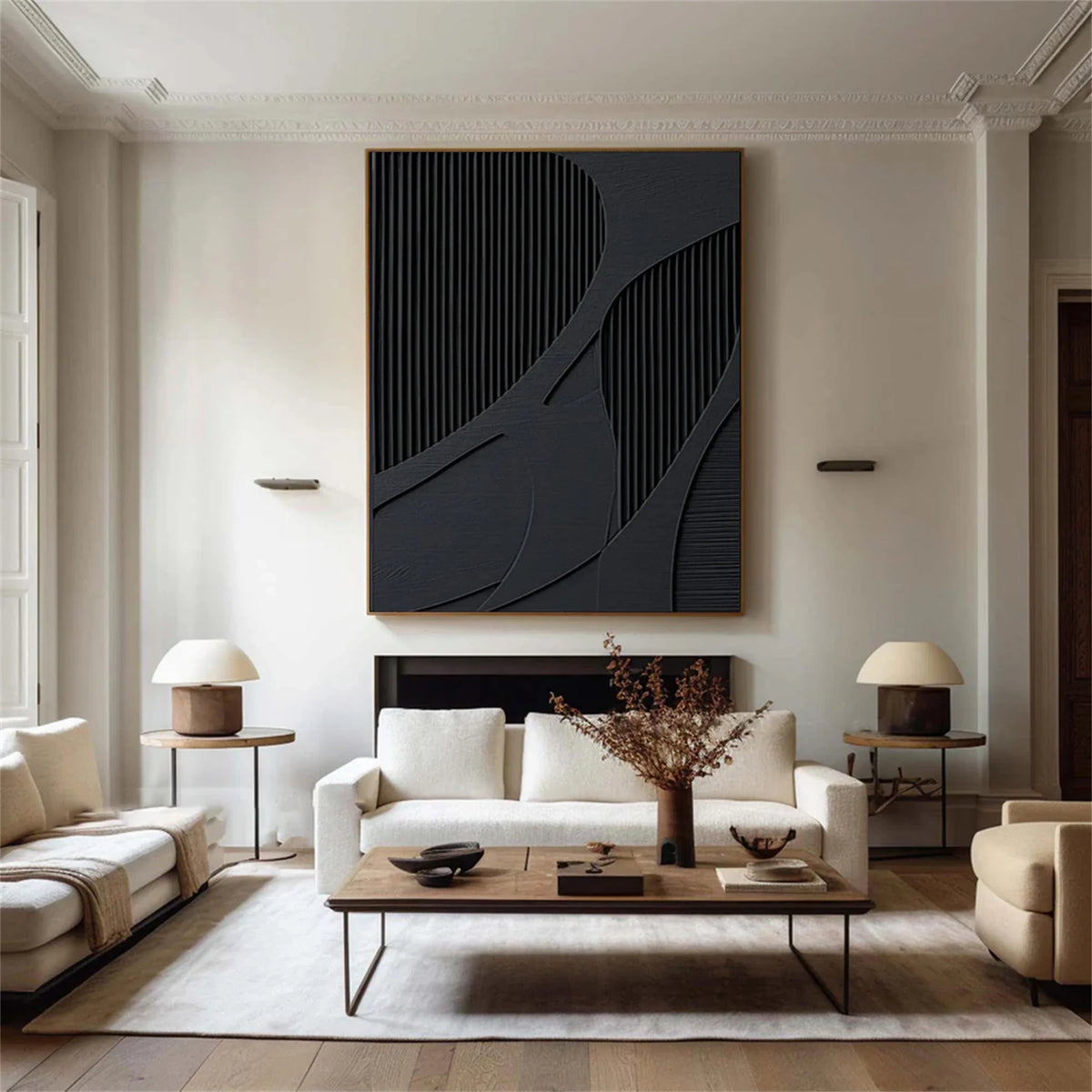 Black Minimalist Plaster Art with Textured Finish