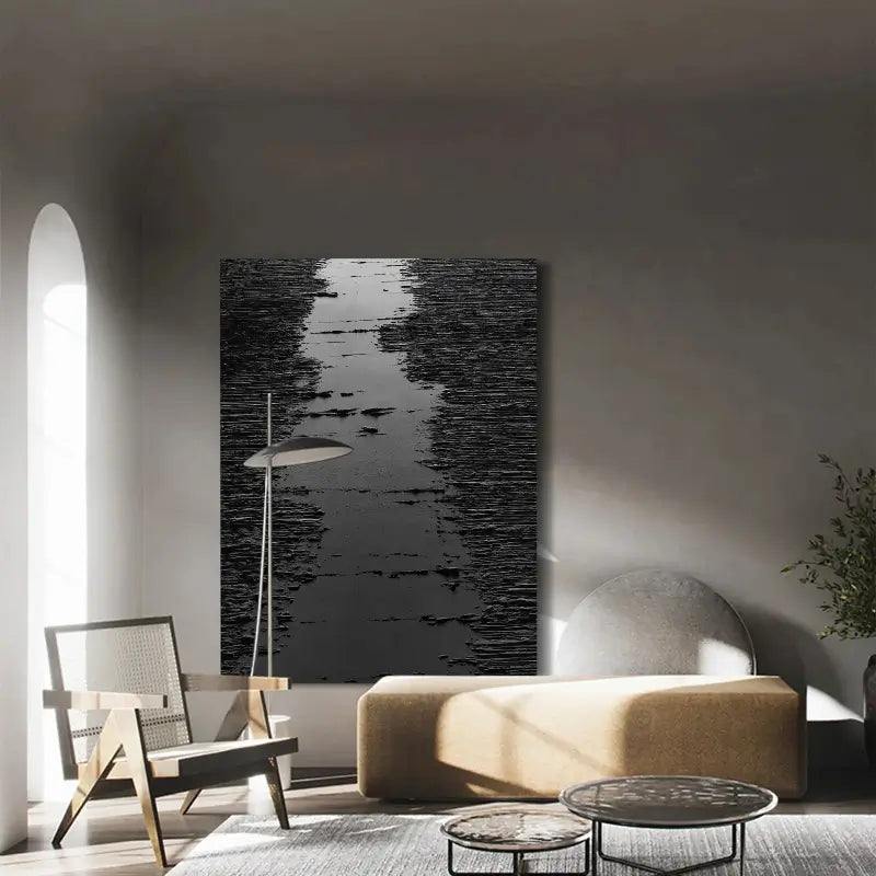 Deep Black Minimalist Textured Canvas Artwork