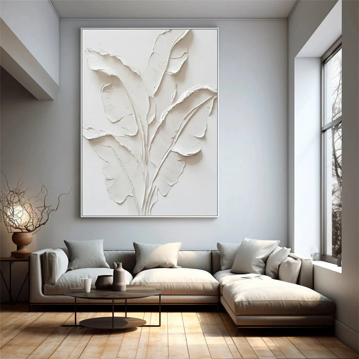 Beige Floral and Tree Textured Abstract Canvas Painting