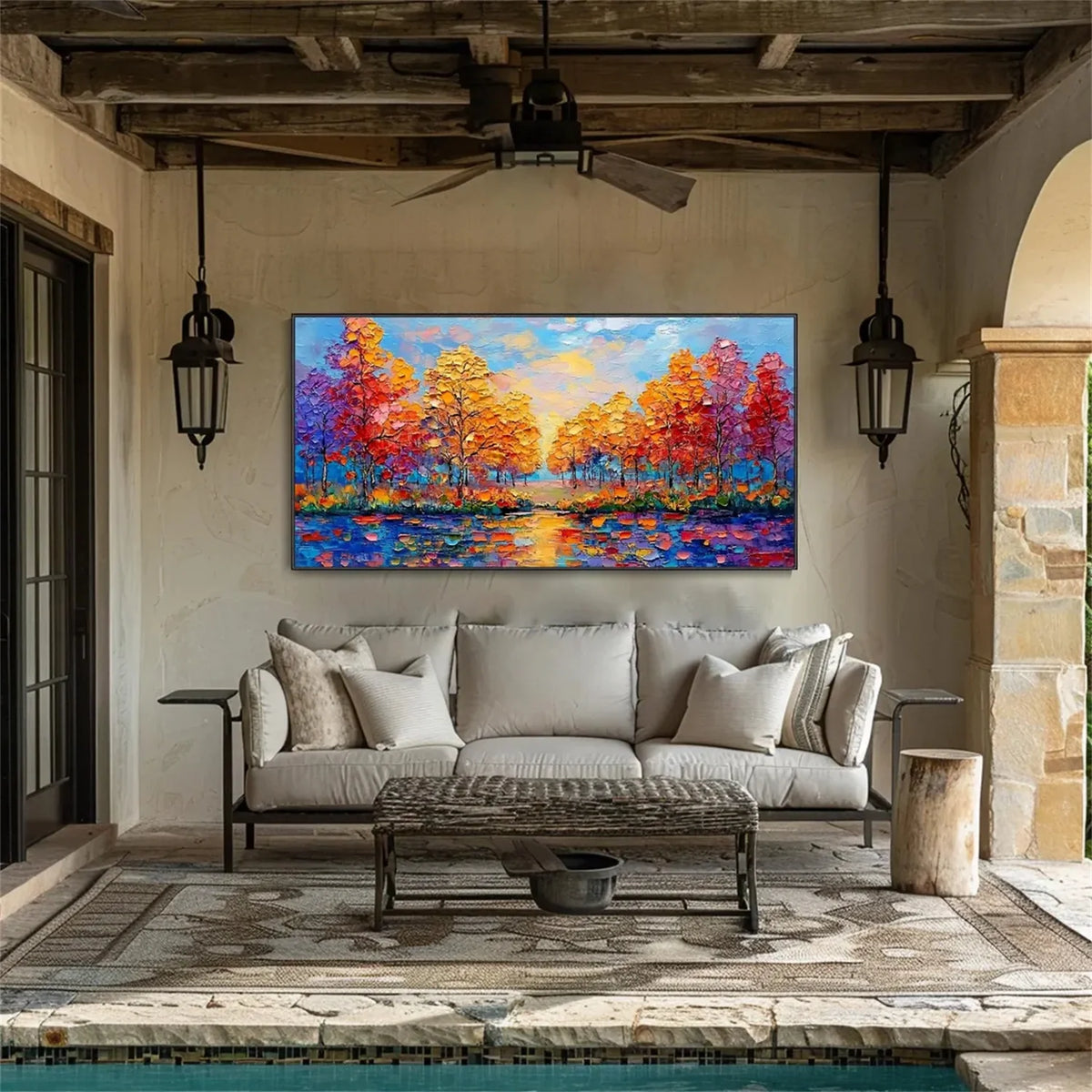 Colourful Floral and Tree-Themed Canvas Painting