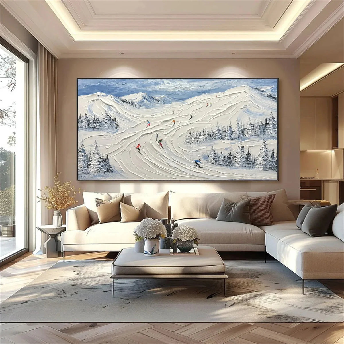 Textured Canvas Painting of Skiing Adventure Scene