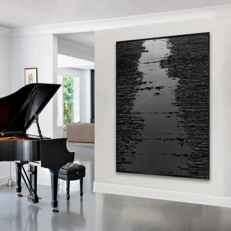 Deep Black Minimalist Textured Canvas Artwork