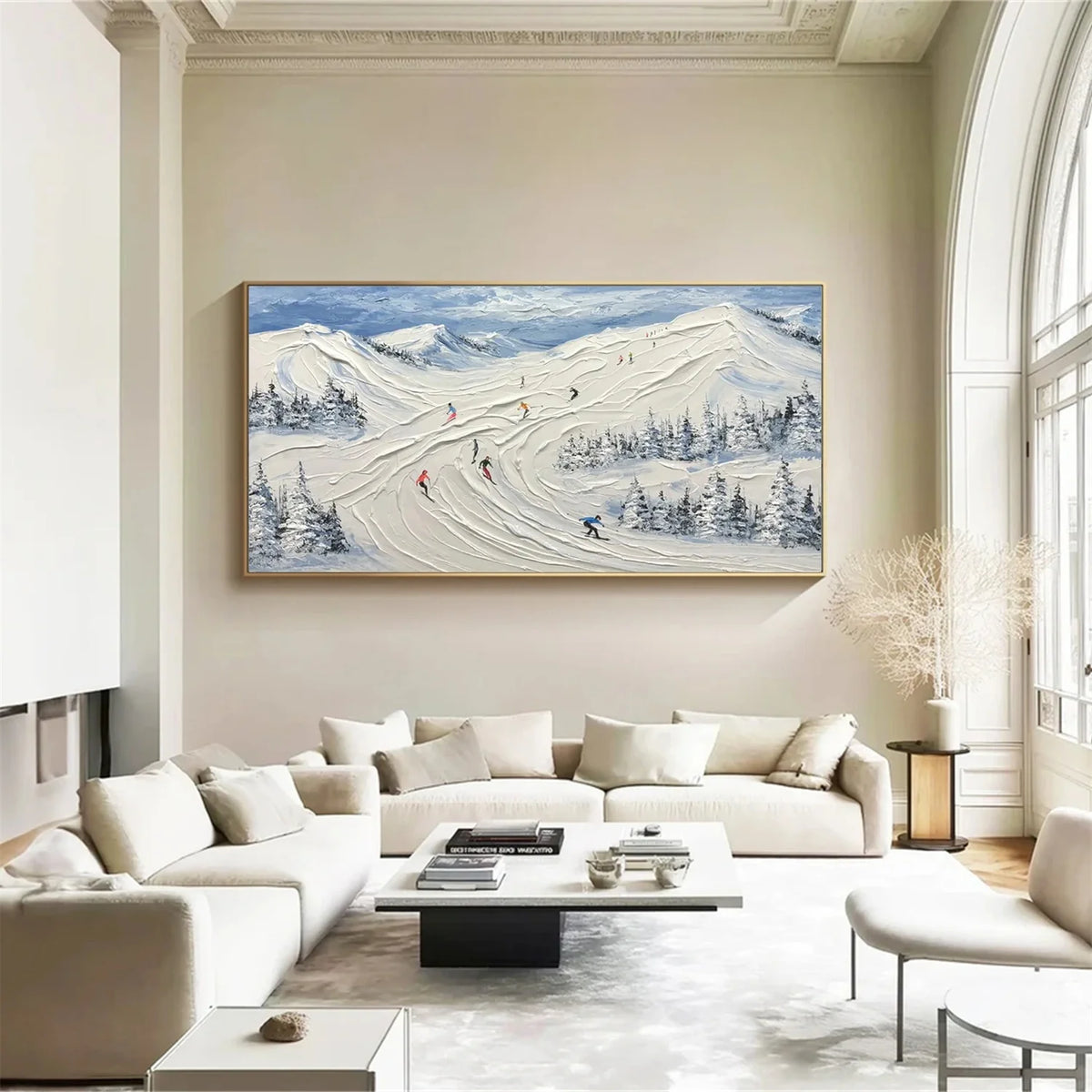 Textured Canvas Painting of Skiing Adventure Scene