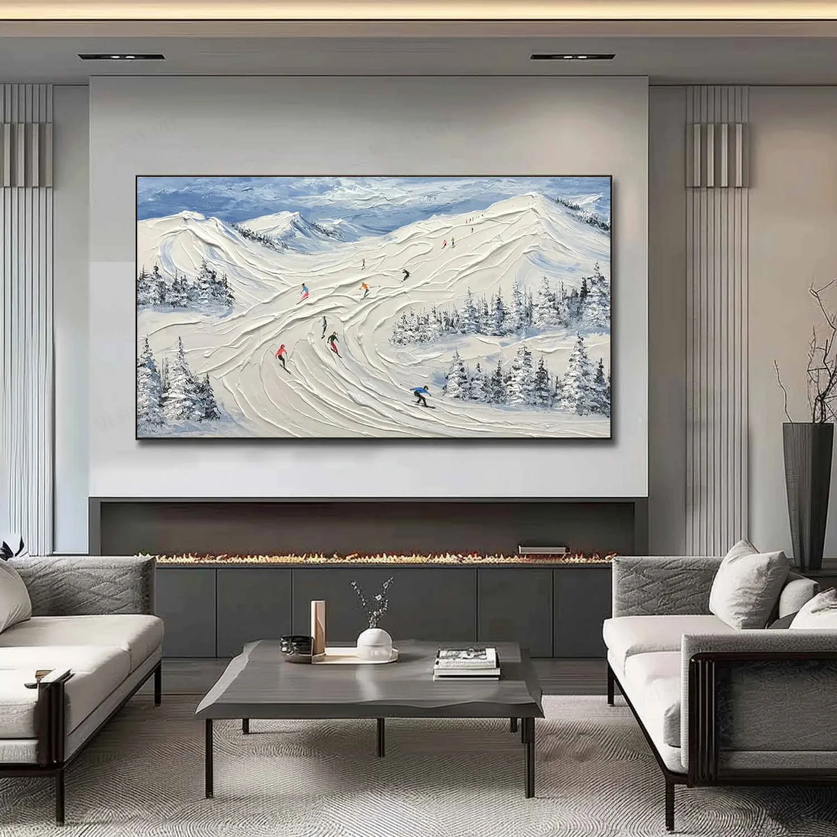 Textured Canvas Painting of Skiing Adventure Scene