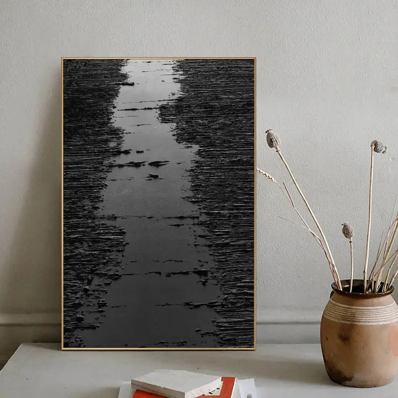 Deep Black Minimalist Textured Canvas Artwork