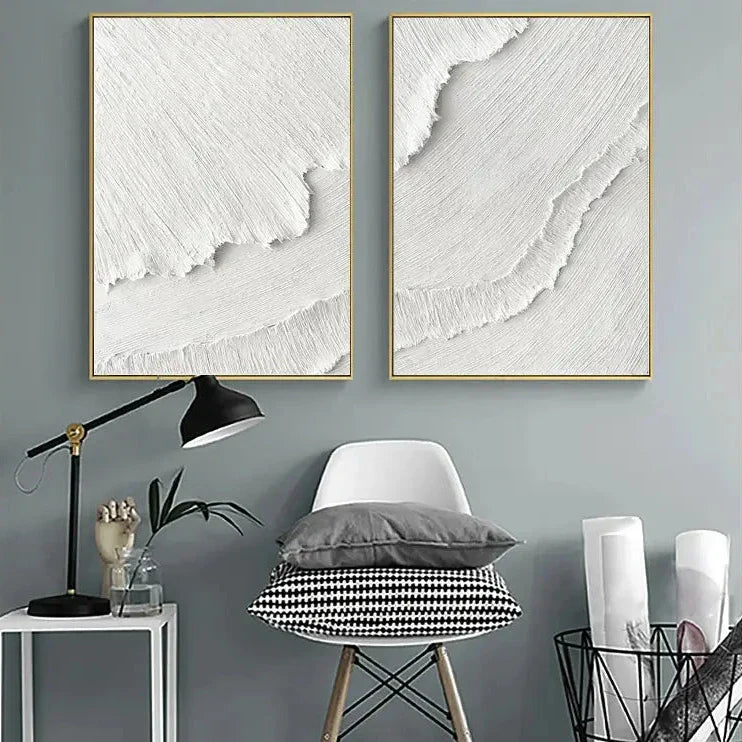 Set of 2 White Minimalist Textured Canvas Paintings