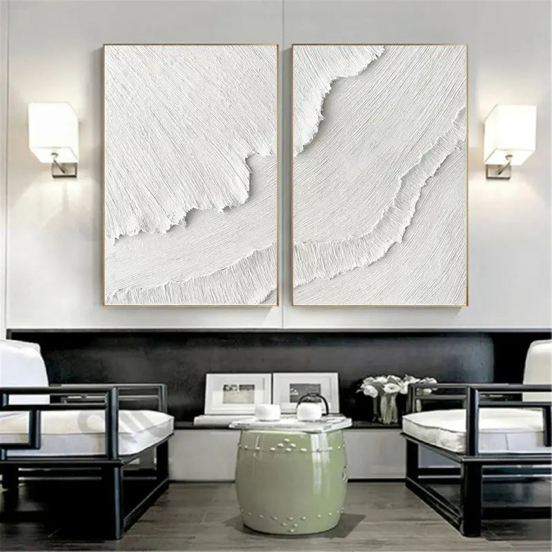 Set of 2 White Minimalist Textured Canvas Paintings