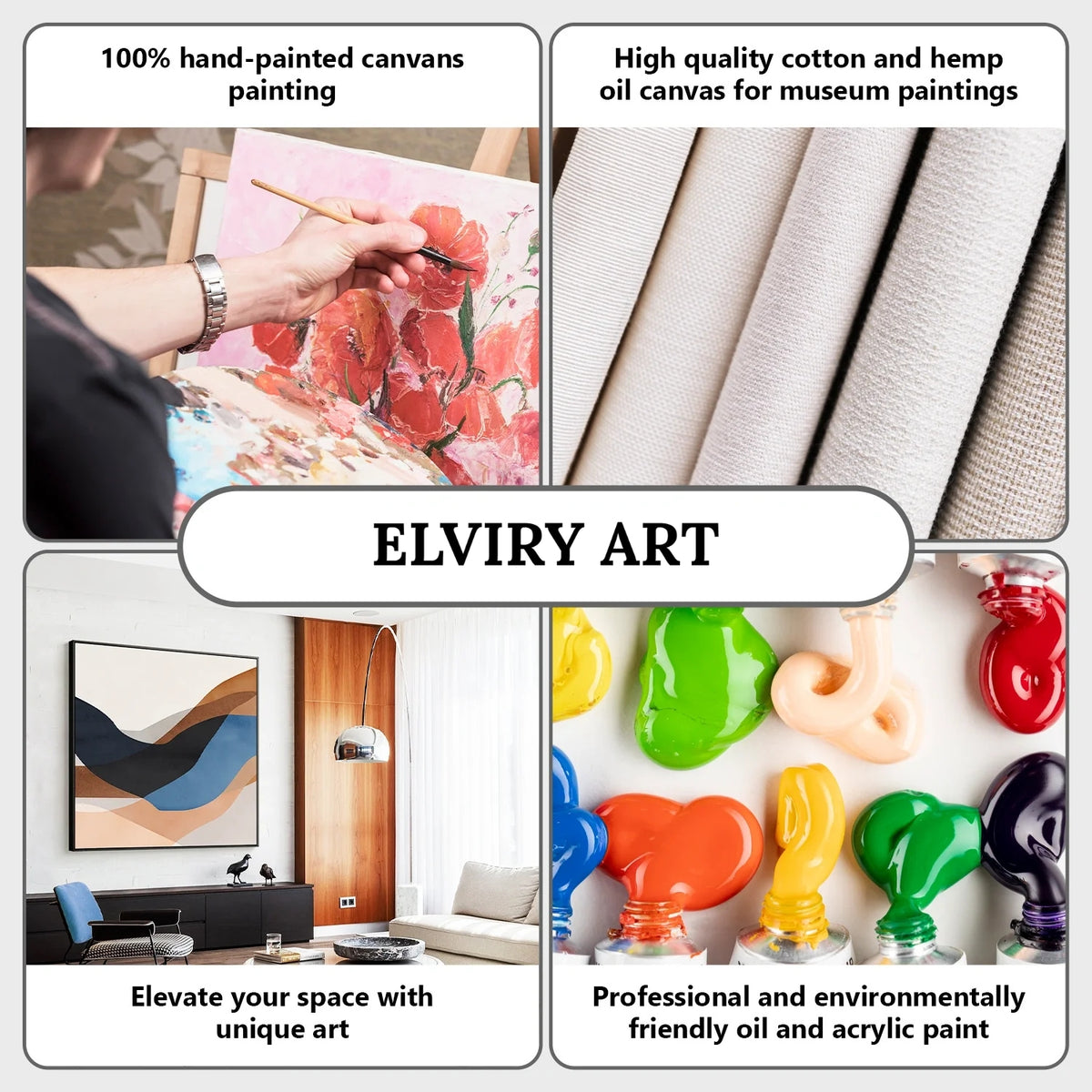 Beige Floral and Tree Textured Abstract Canvas Painting