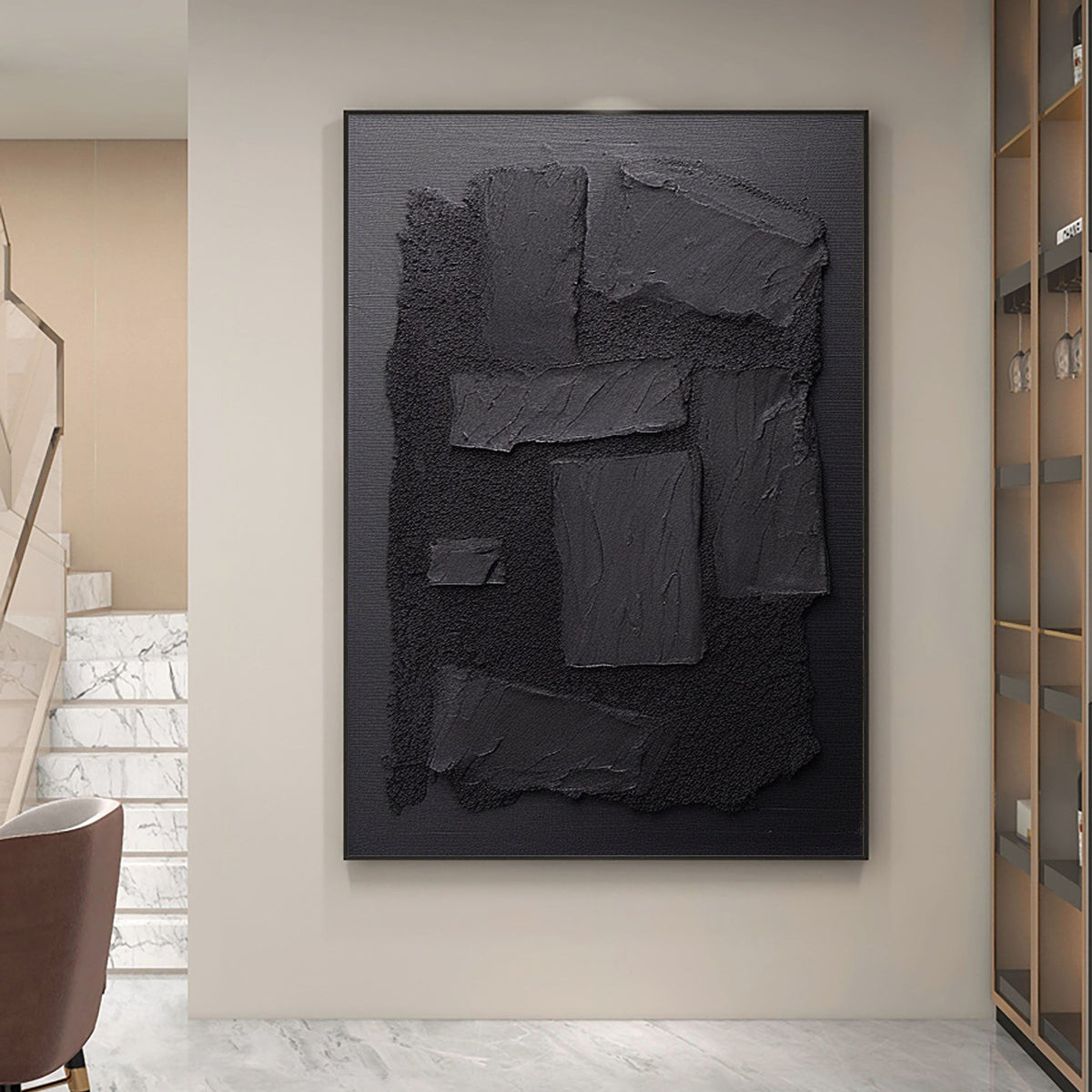 Minimalist Black Plaster Textured Canvas Painting