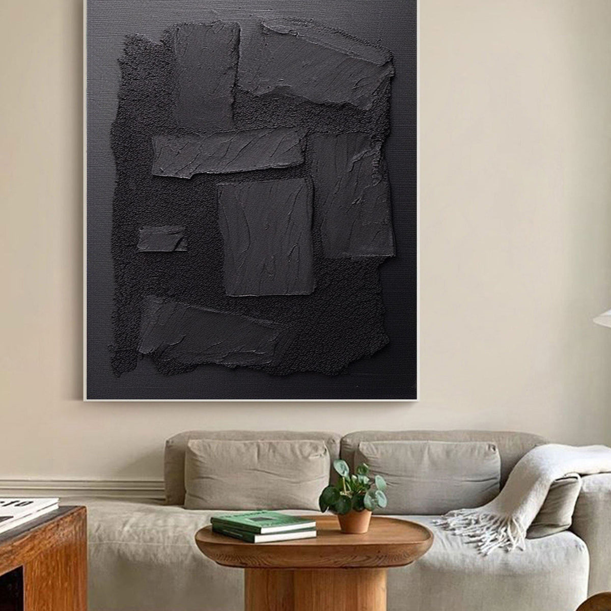 Minimalist Black Plaster Textured Canvas Painting