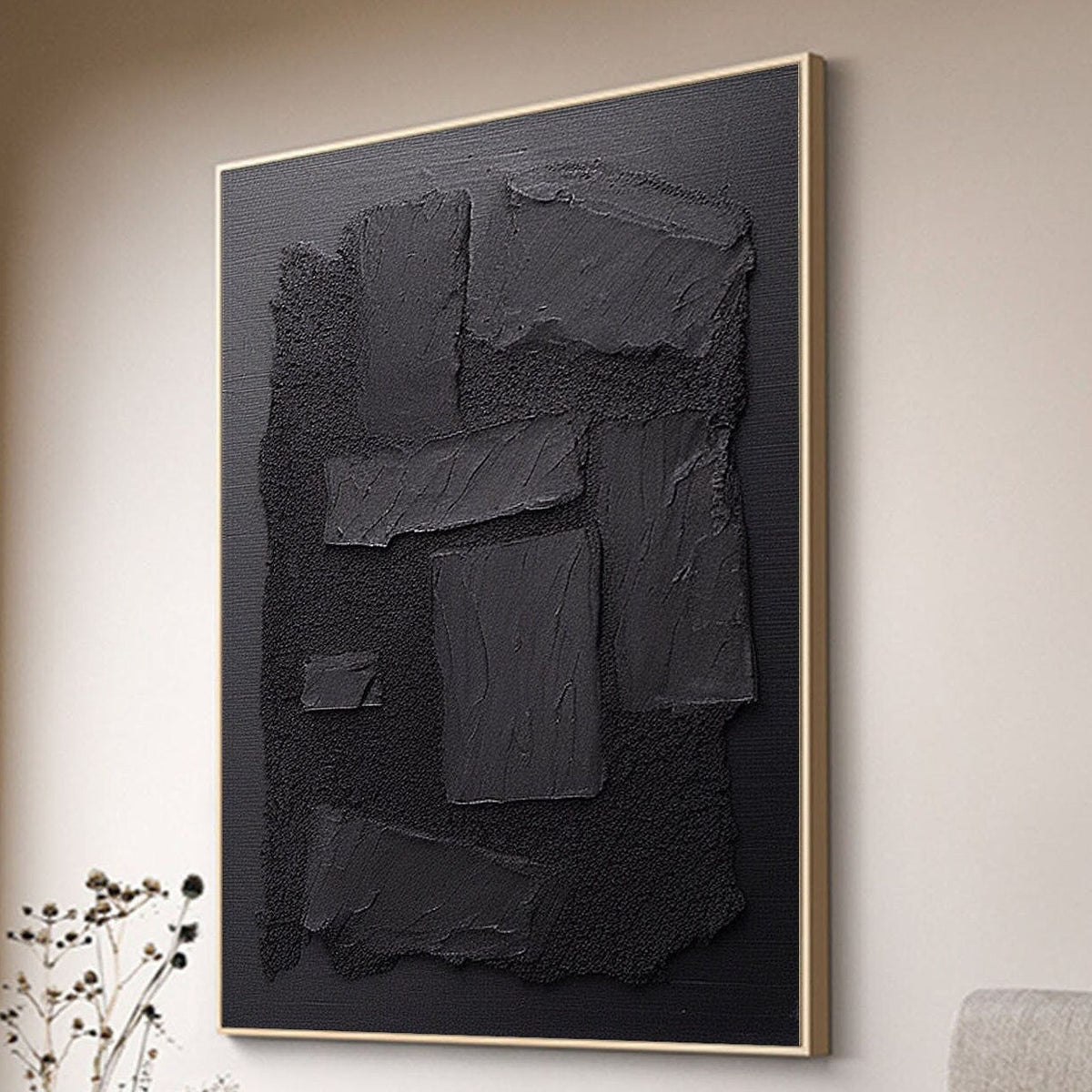 Minimalist Black Plaster Textured Canvas Painting